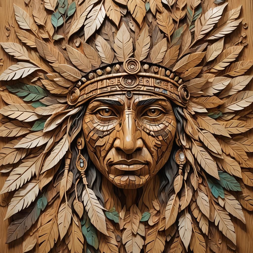 Native American Wood Carving in Oil Paint Style