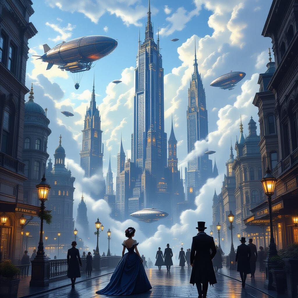 Steampunk Victorian City with Steam-Powered Skyscrapers