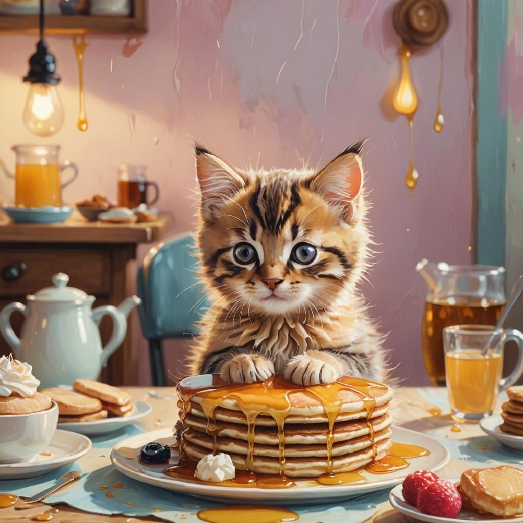Kitten on Pancake in Whimsical Digital Art Style