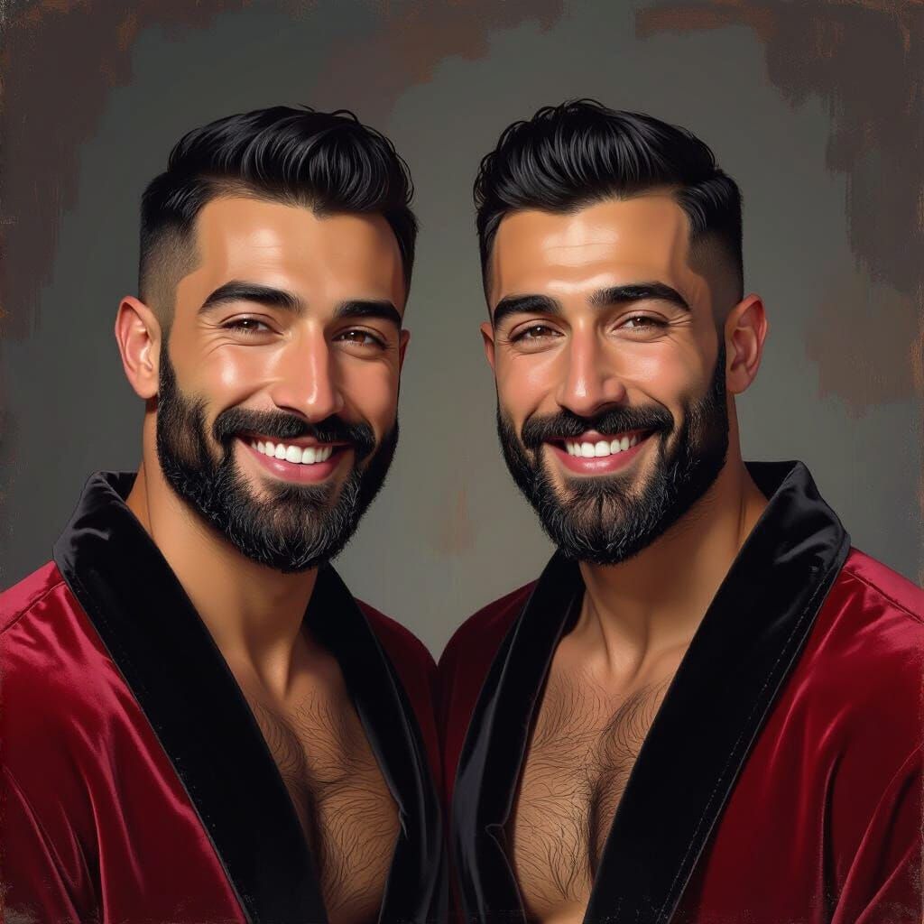 Handsome Turkish Hunks in Red Bathrobes, Cinematic Lighting
