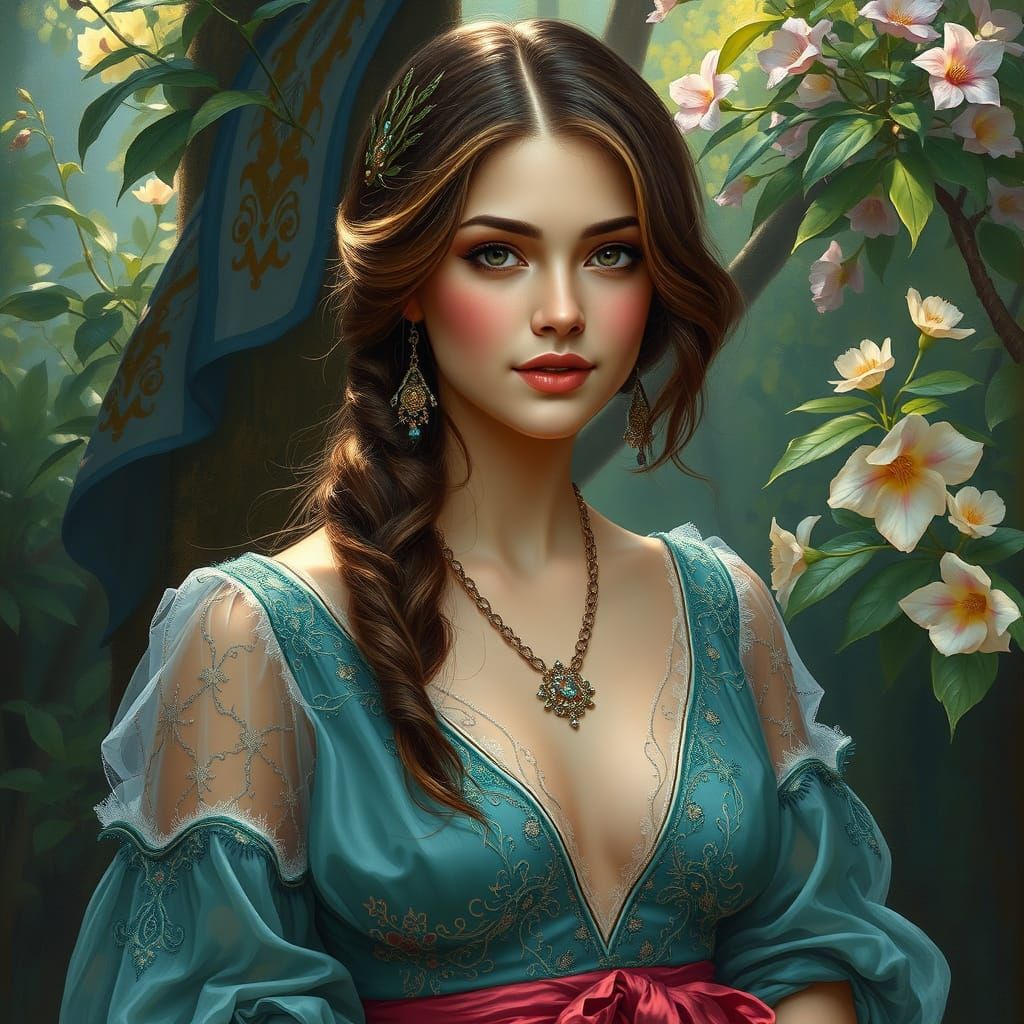 Elegant Woman in Lush Setting: Crystal Clear Art