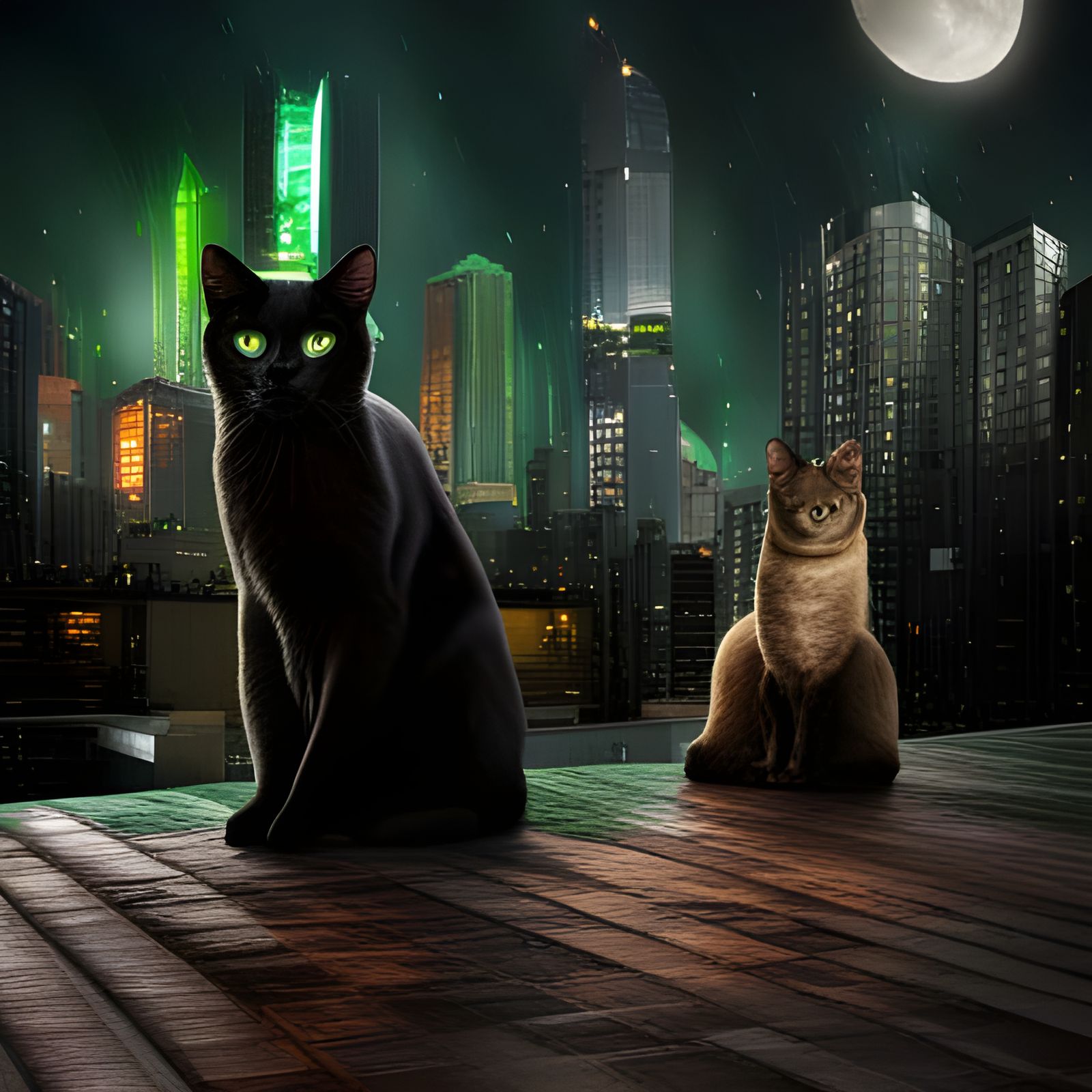 Black Cats in Rainy Cyberpunk Cafe