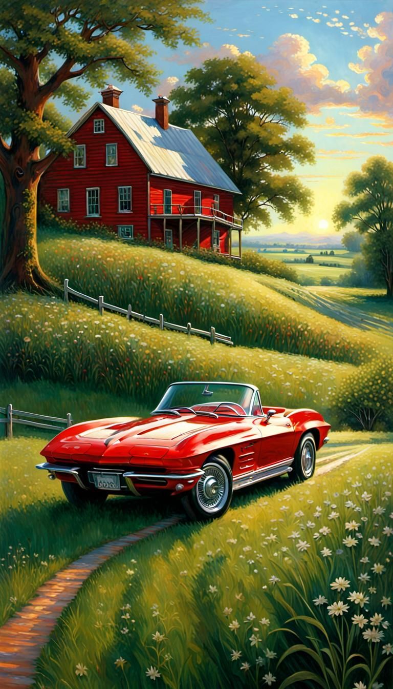 Classic 1963 Red Corvette Roadster in Field