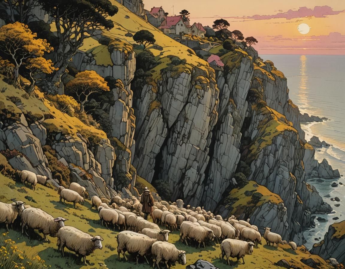 Shepherd Surveys Serene Coastal Landscape in Warm Evening Li...