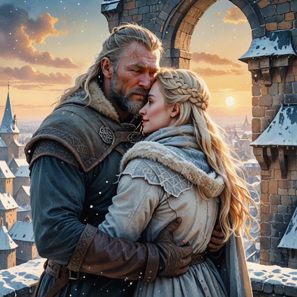 Viking Leader Embraces Woman in Winter Watercolor