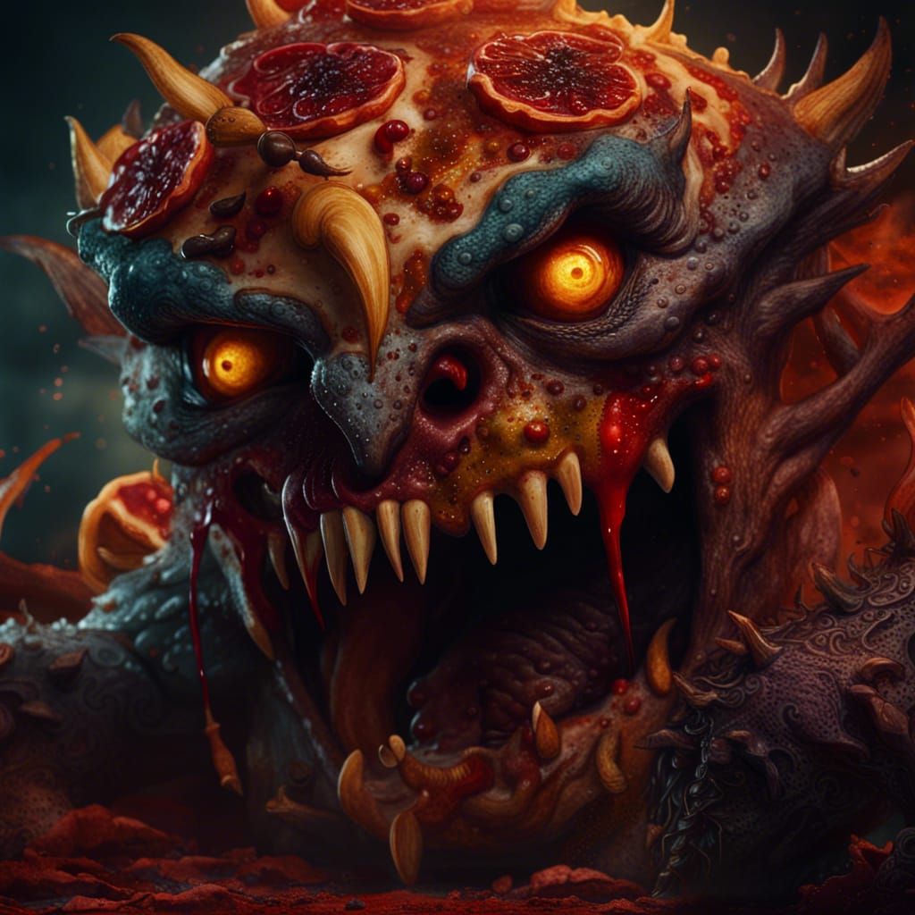 Evil Monster Pizza with Bloody Knife, Detailed Art