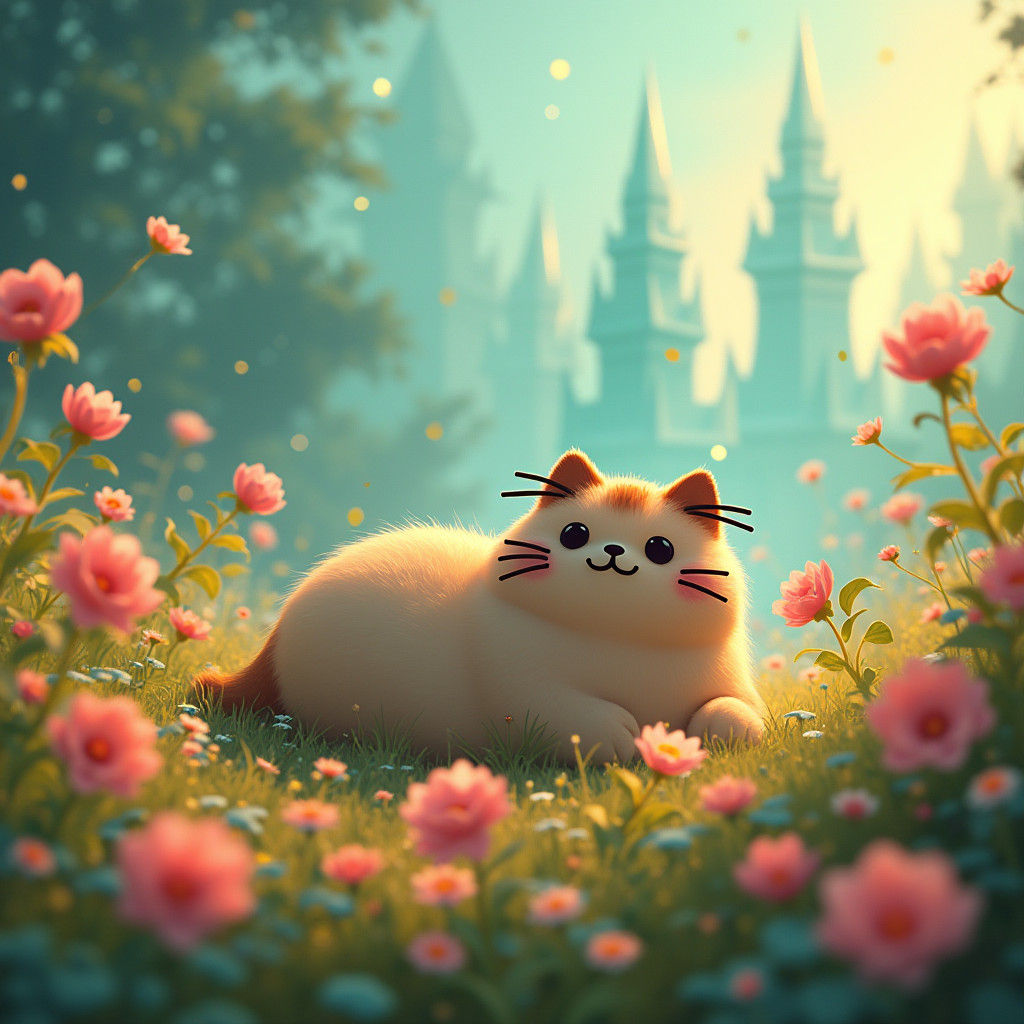 Pusheen Cat in Whimsical Dreamscape, Matte Painting