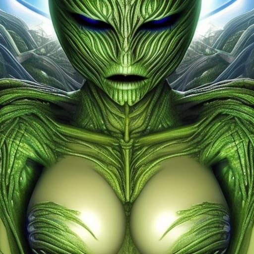 Alien Woman with Gold Eyes in Giger Style