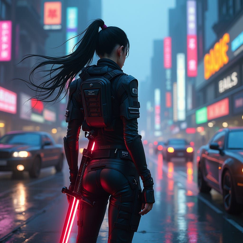 Cyberpunk Warrior Stands Tall in Neon-Lit Cityscape