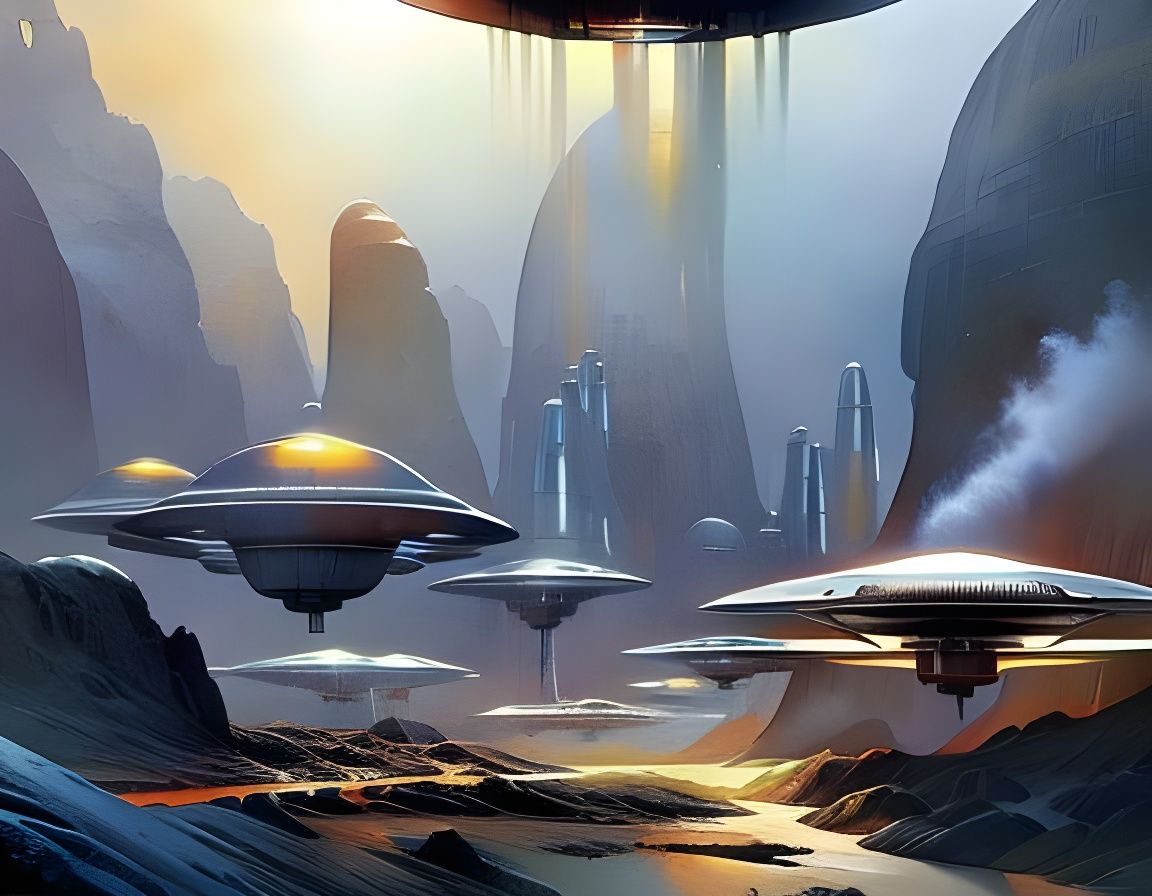 Powerful UFO Over Space Colony in Watercolor Style