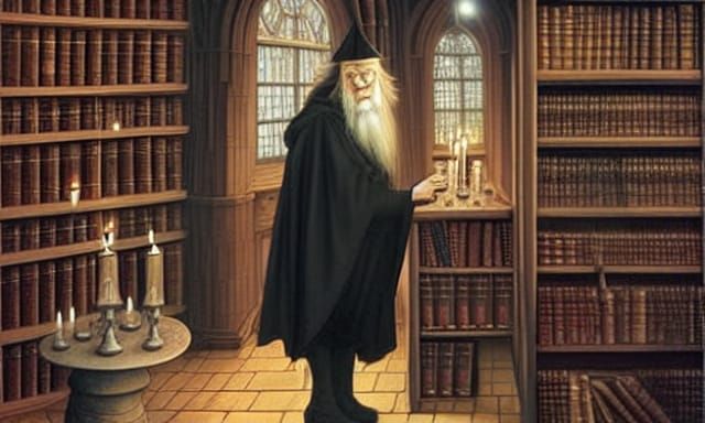 Dumbledore in Hogwarts' Restricted Section, Surreal Art
