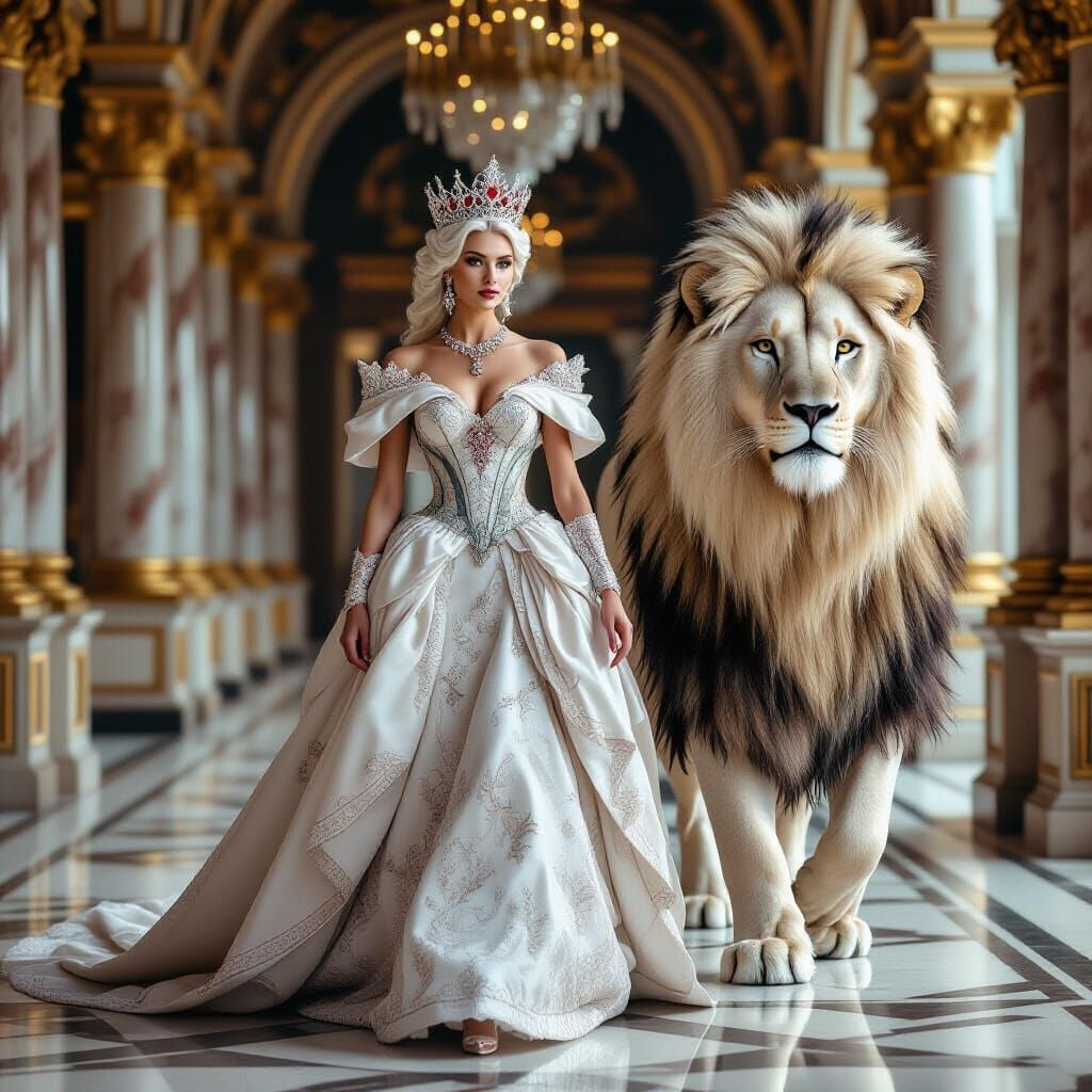 Queen and White Lion in Opulent Palace