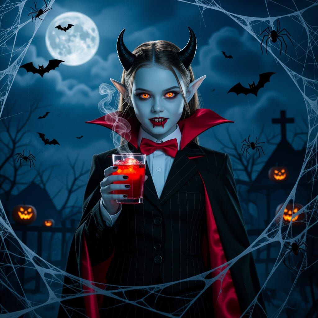 Adorable Teenage Vampire in Black Suit with Glowing Eyes