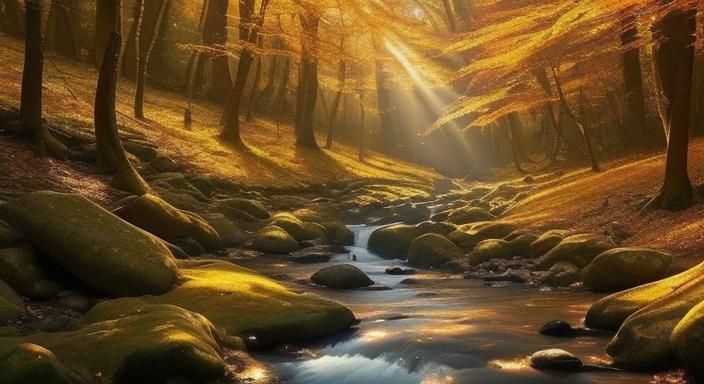 Enchanted Forest Stream in Autumn Sunlight