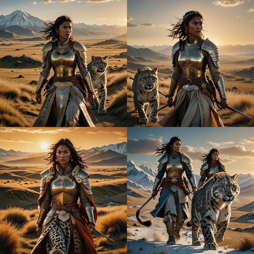 Fierce Woman Warrior Striding Across Steppe