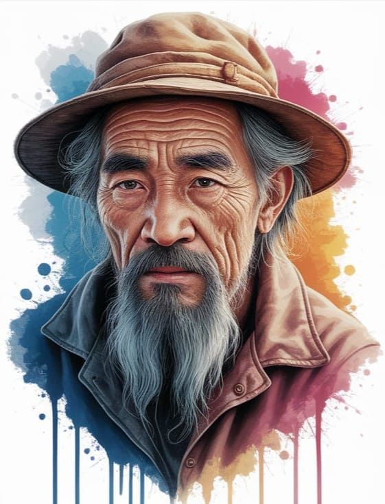 Watercolor Portrait of Chinese Villager Ploughing Fields wit...