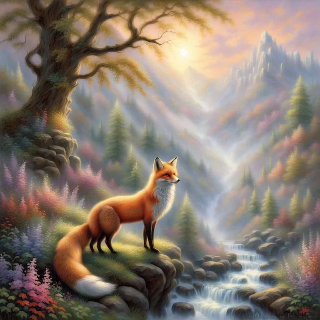 Ethereal Fox in Misty Fantasy Landscape
