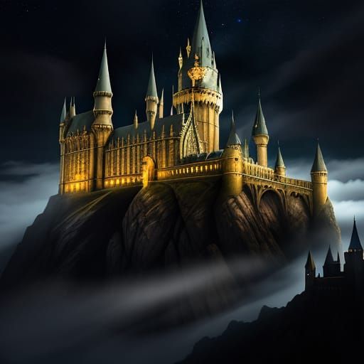 Hogwarts Castle Under Starry Sky in Digital Painting