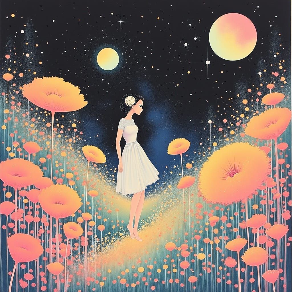 <lora:flowingDream:1.0> Surreal dreamscape with oversized colorful flowers blooming under alien moons and stars, whimsic...