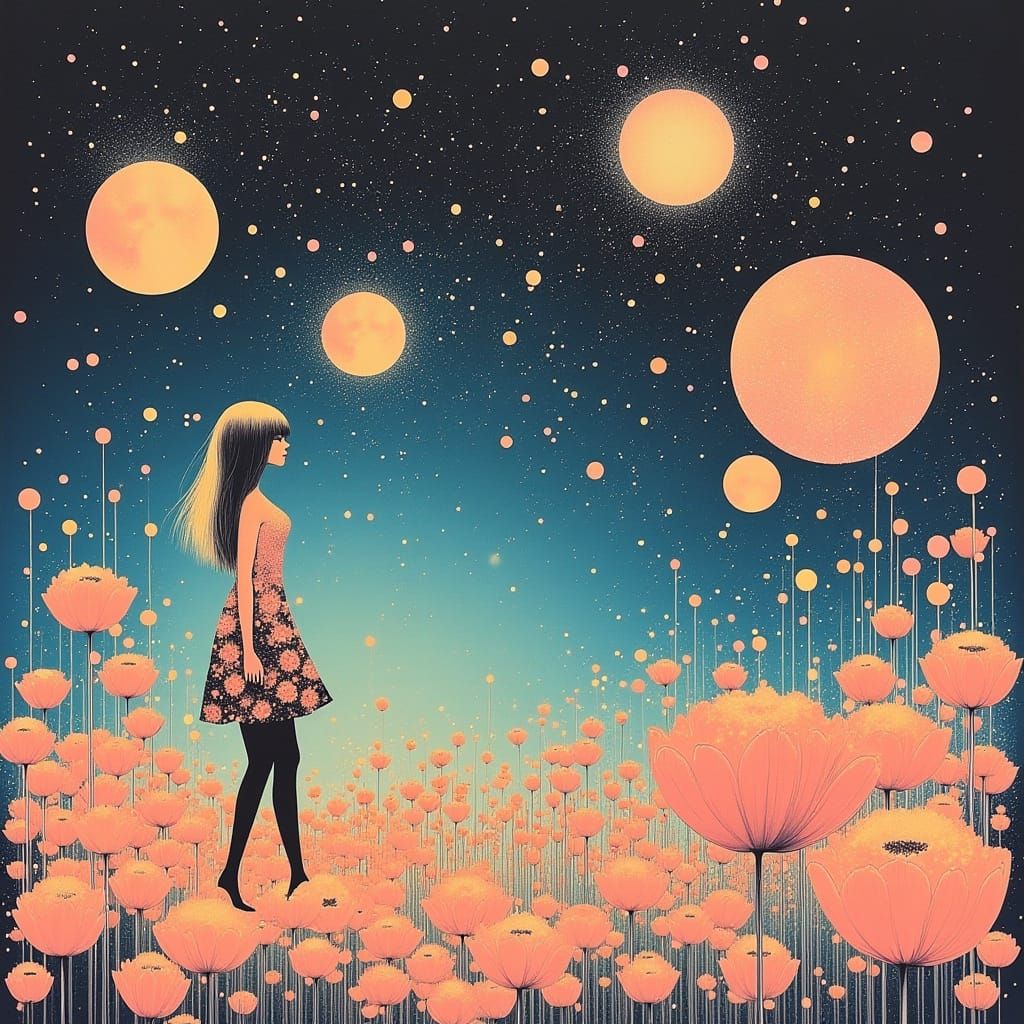 <lora:flowingDream:1.0> Surreal dreamscape with oversized colorful flowers blooming under alien moons and stars, whimsic...
