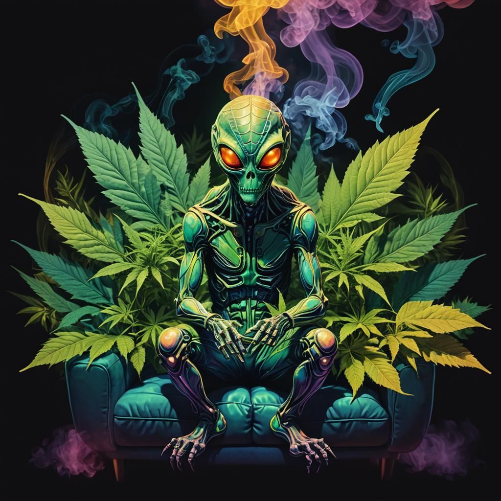 Alien Smoker on Kush Couch in Fauvist Expressionism