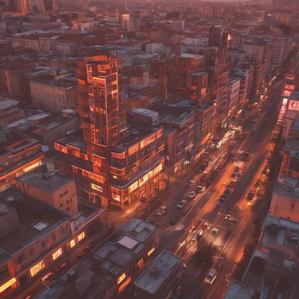 Retro-Futuristic Cyberpunk Cityscape in Orange Sunset