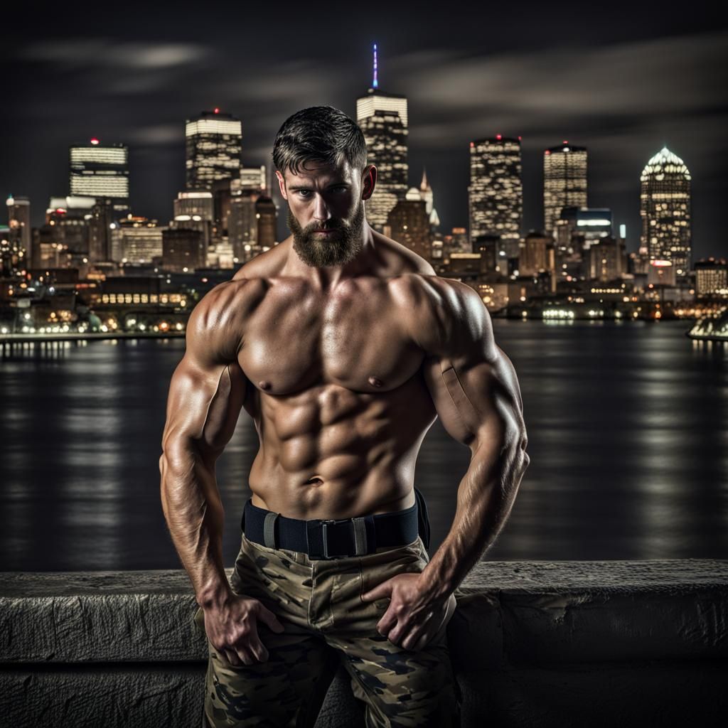 Muscular Soldier Wrestling in Front of Boston Skyline