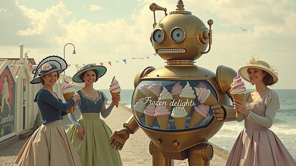 Victorian Ladies Buy Ice Cream from Robot