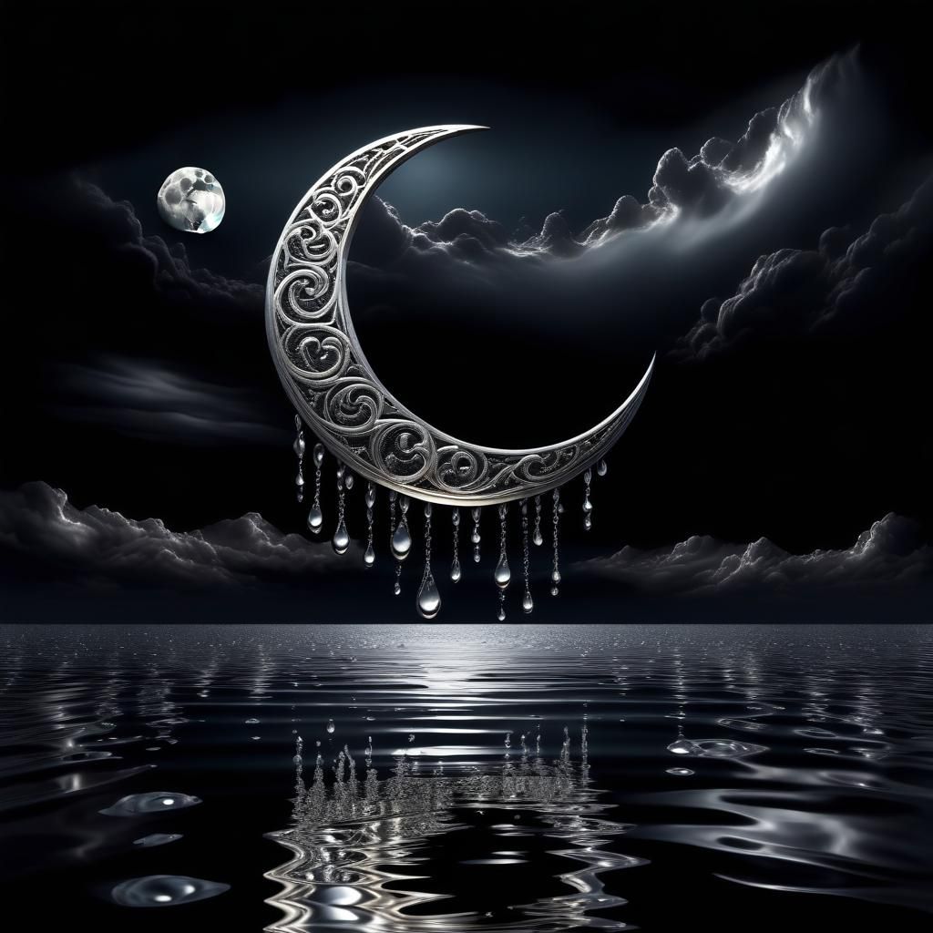 Melting Silver Crescent Moon Over Stormy Ocean