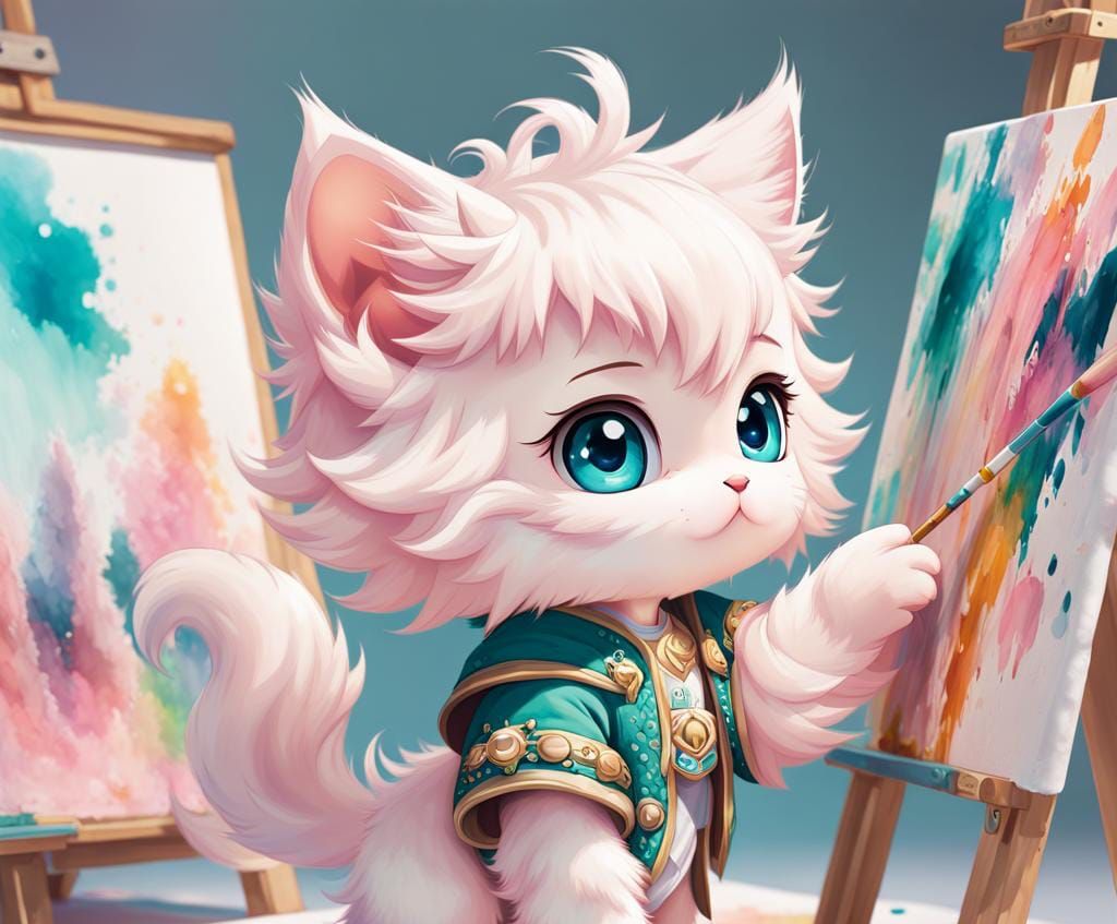 Chibi Kitten Creates Anime Art in Studio