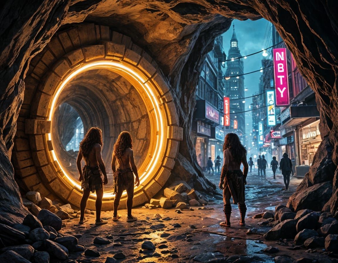 Time Portal Connects Cavemen to Neon City