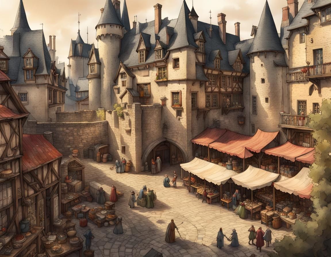 Medieval Market in Castle Square: Watercolor Diorama