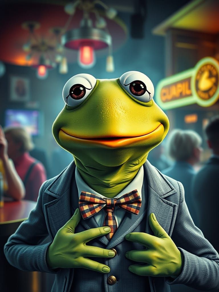 Intricate Watercolor Portrait: Kermit in a Club