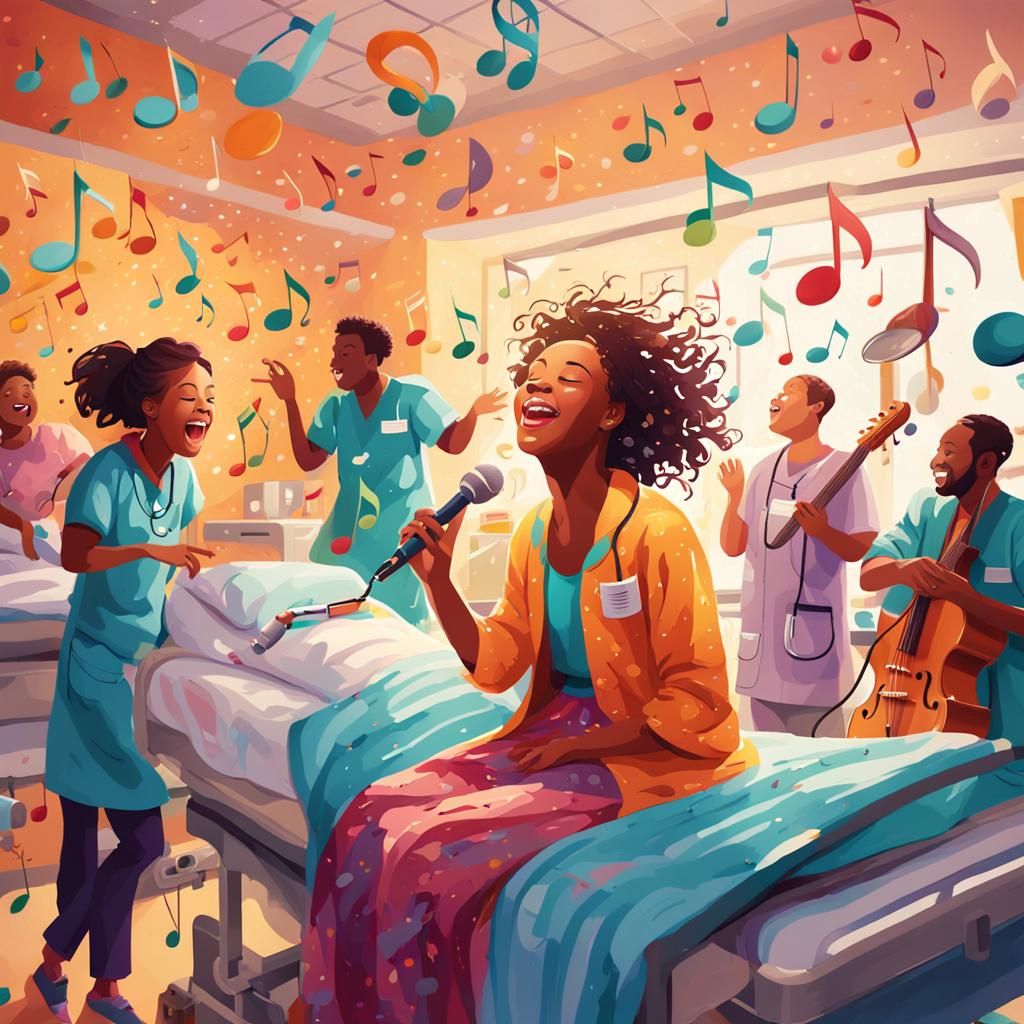 Joyful Singer Amidst Doctors in Dreamlike Art