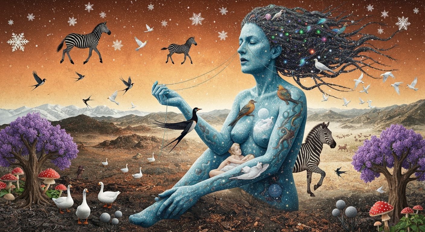 Mystical Shaman Woman in Frozen Oasis with Cosmic Elements