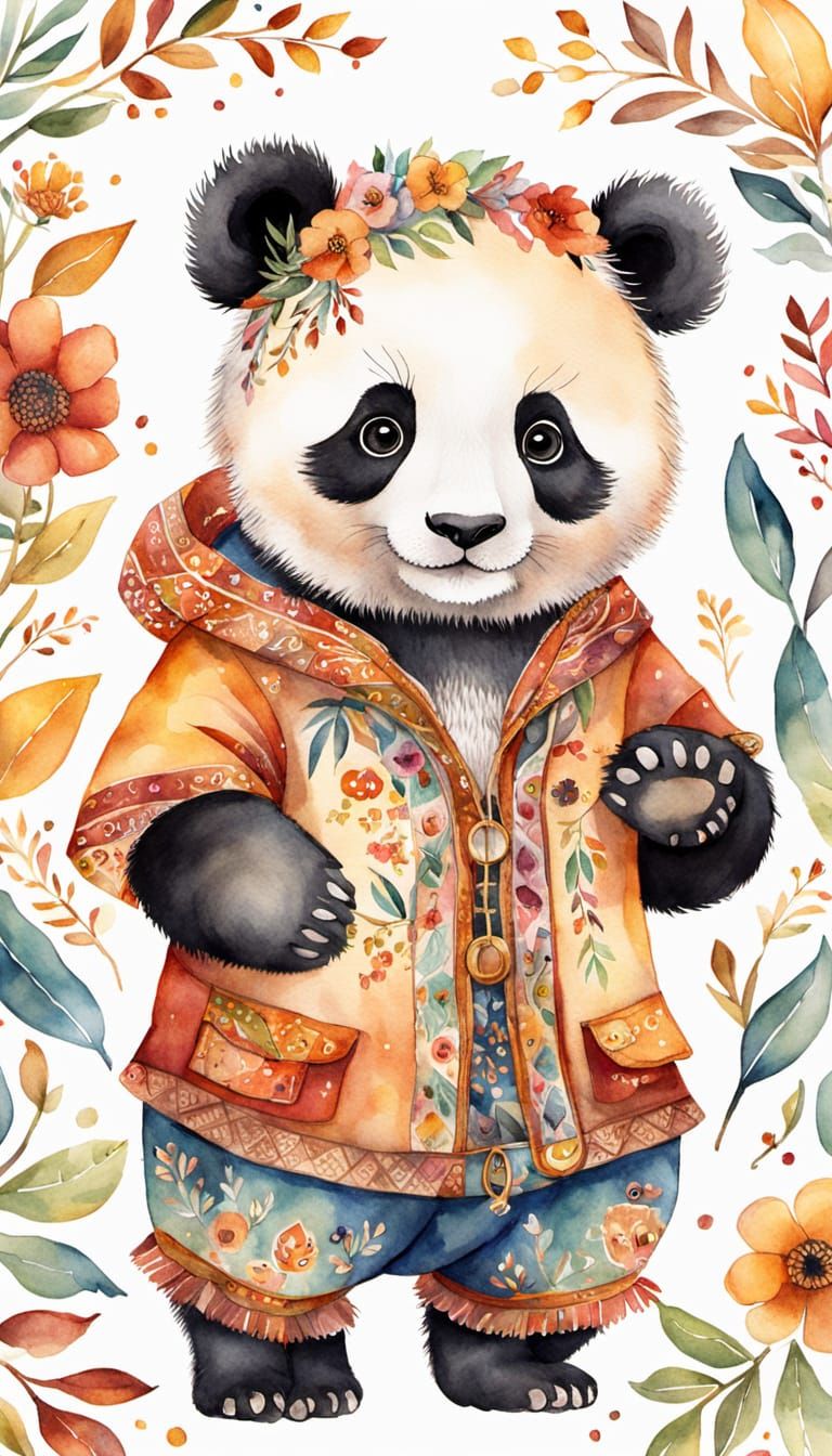 Panda in Gypsy Clothes: Watercolor Illustration