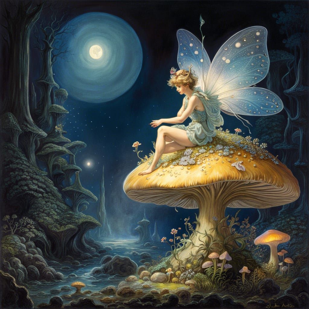 Ethereal Pixie Spreading Bioluminescent Dust at Night