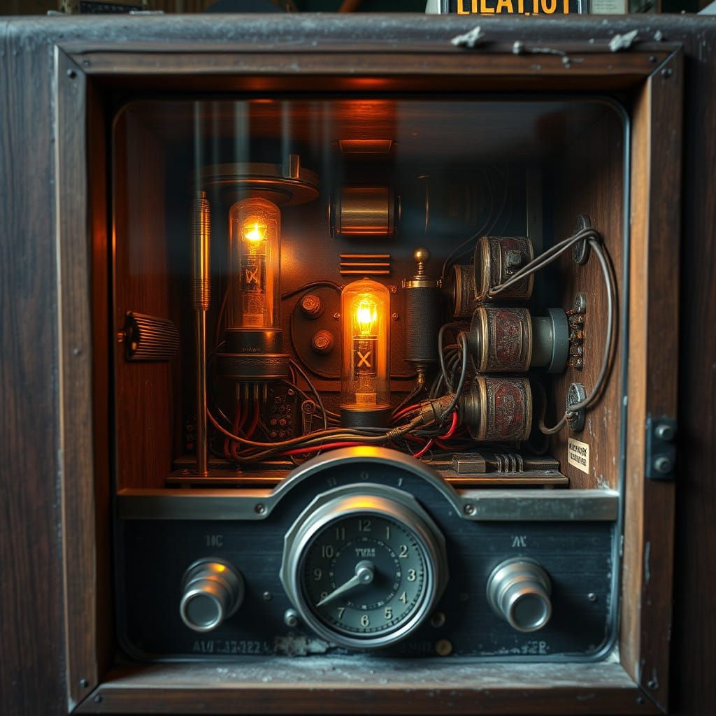Vintage Electronics Timepiece in a Worn Wooden Radio