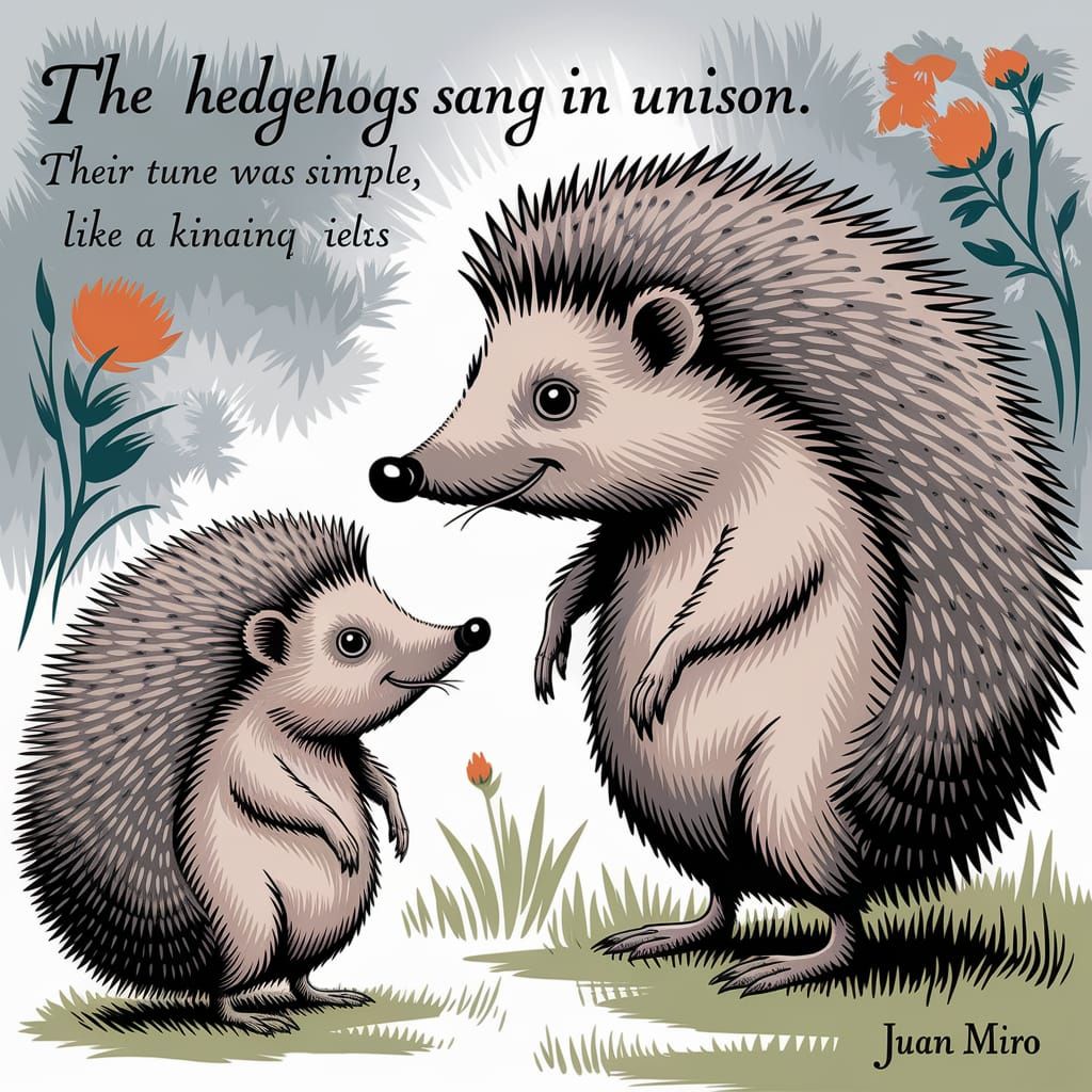 Misty Field Caricature Hedgehogs Singing in Lippi Miro Style