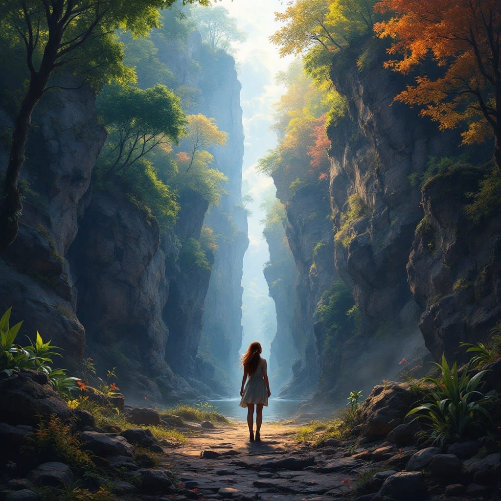 Woman Between Forest and Canyon in Detailed Matte Painting