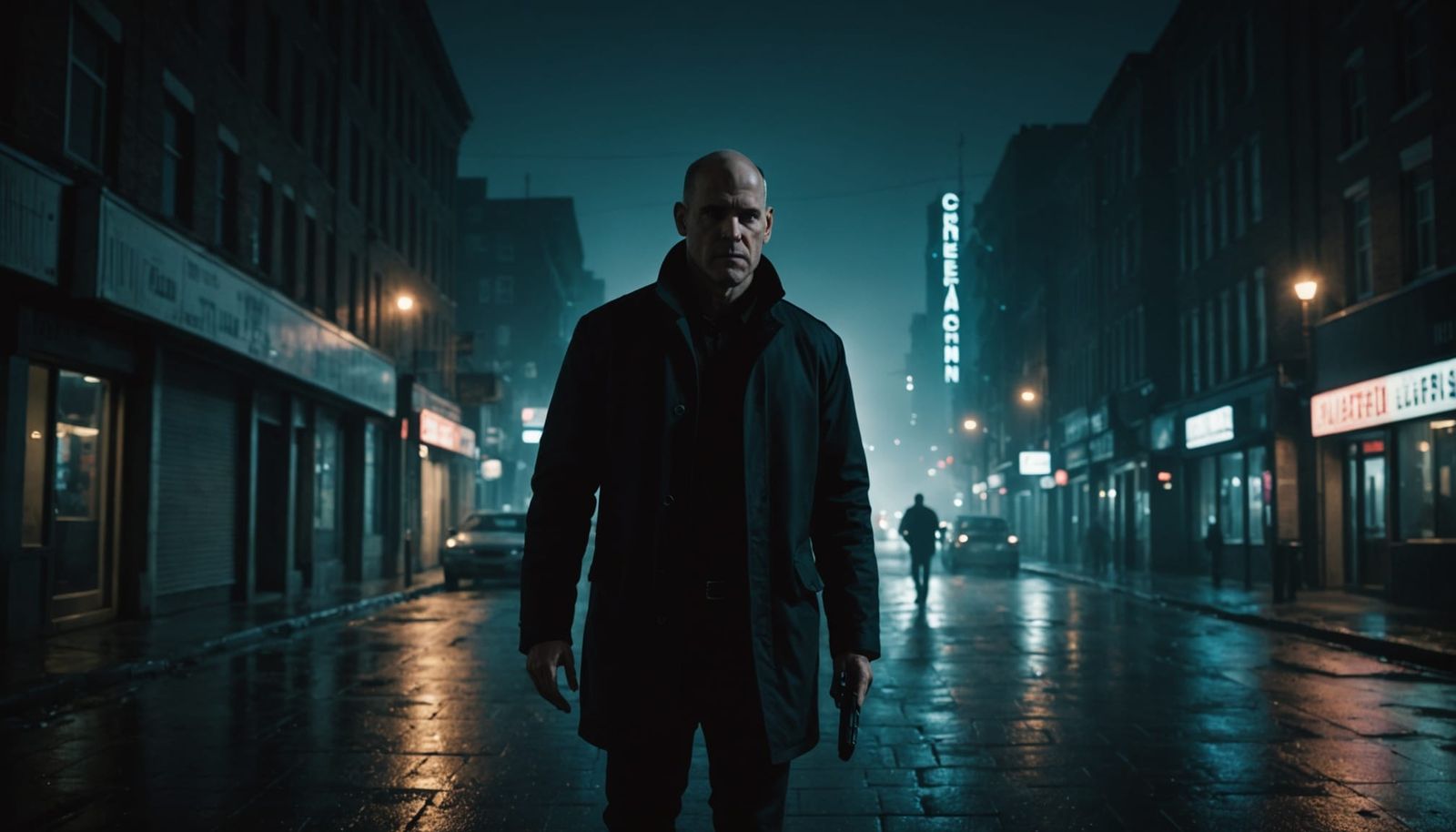 Lone Figure in Dark Urban Night, Cinematic Thriller Style