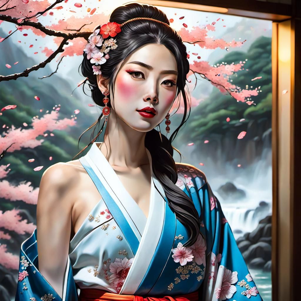Beautiful Japanese Woman in Hyperrealistic Mixed-Media Portr...