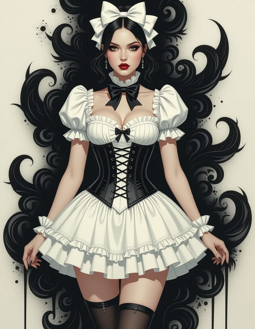 Gothic Woman in Black Ink Landscape