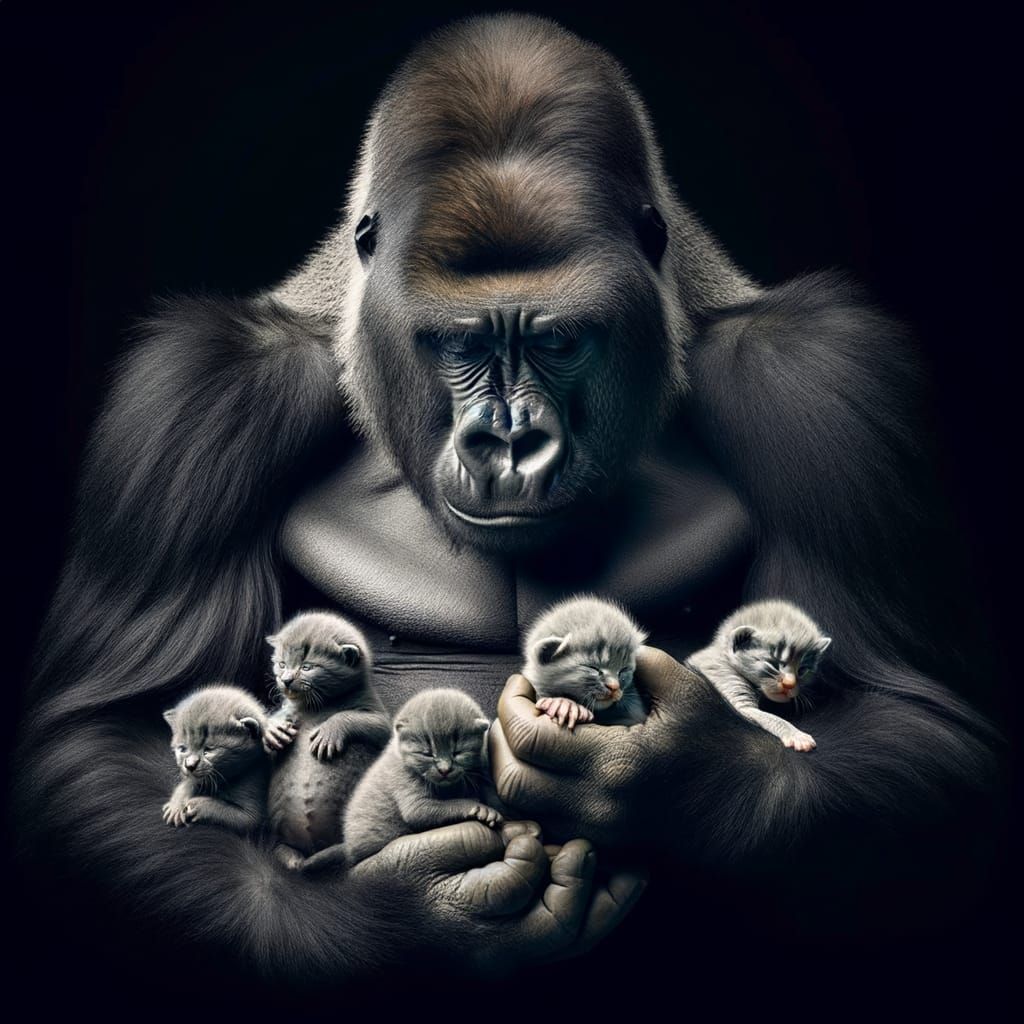 Gorilla Tenderly Cradles Tiny Kittens