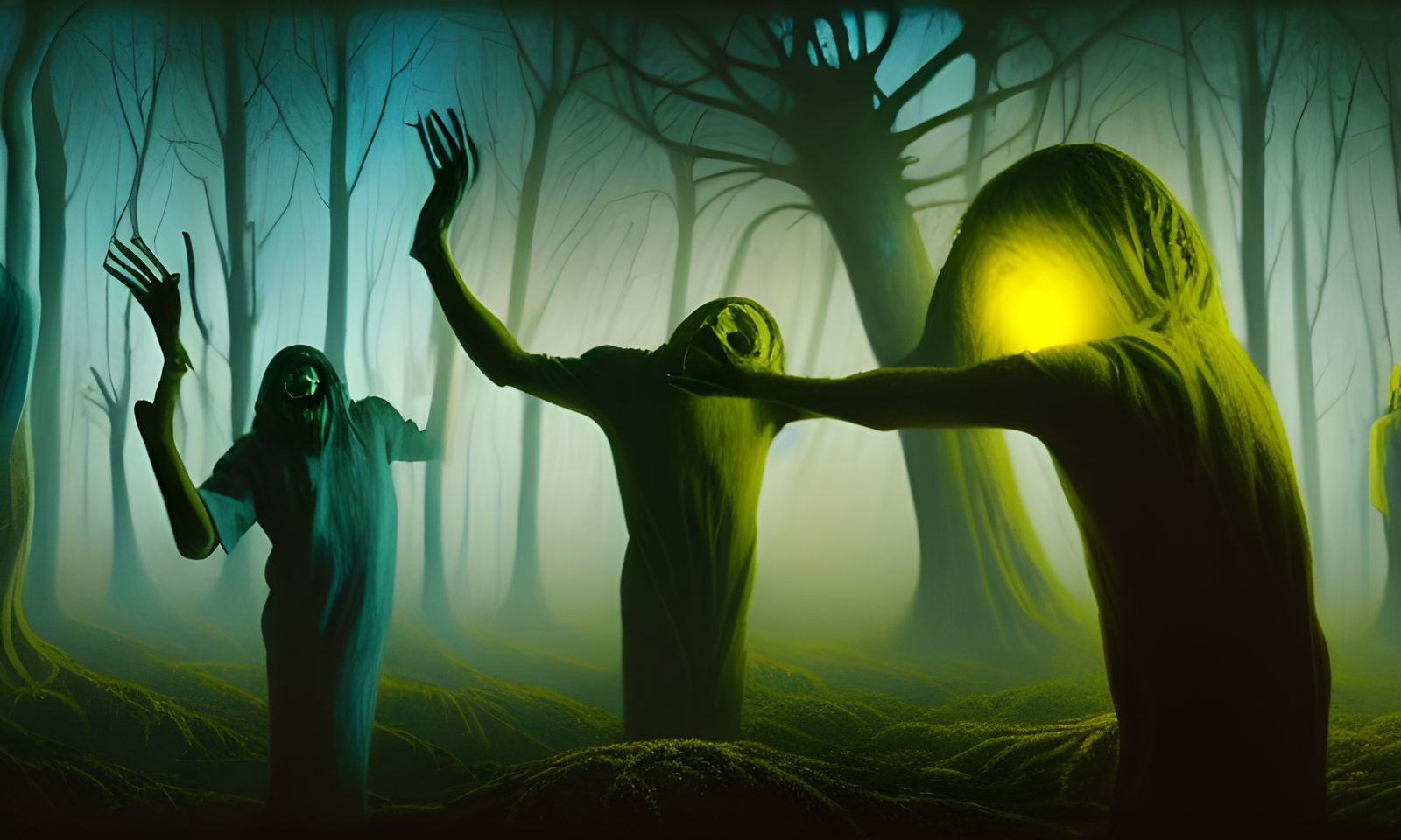 Grotesque Figures Reach in Detailed Gouache Painting