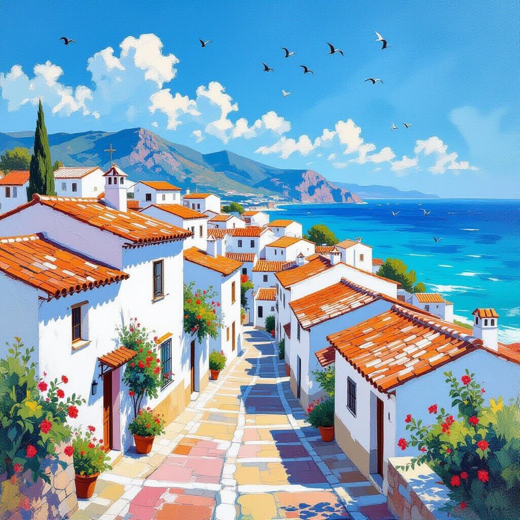 Sunny Spanish Village in Gouache and Watercolor Style