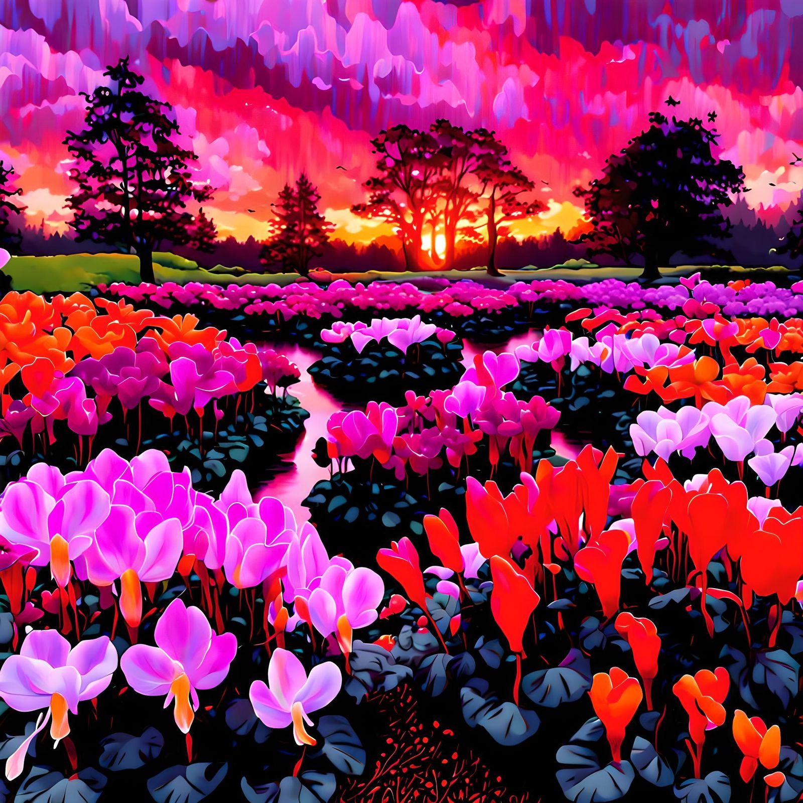 Colorful Cyclamen Garden at Violet Sunset