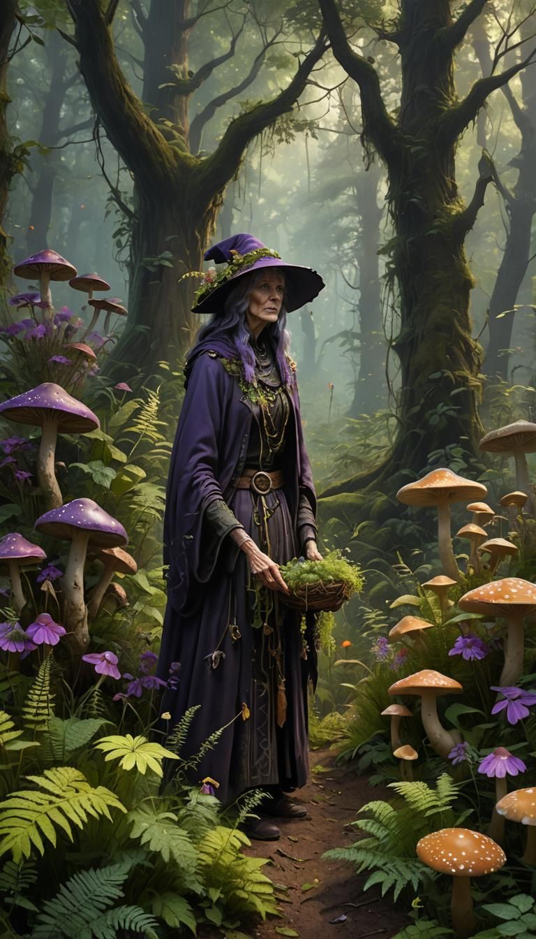 Wizened Witch Gathering Herbs in Overgrown Forest