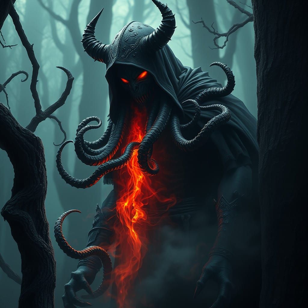 Ethereal Dark Warrior Blends with Misty Forest, Shrouded in....