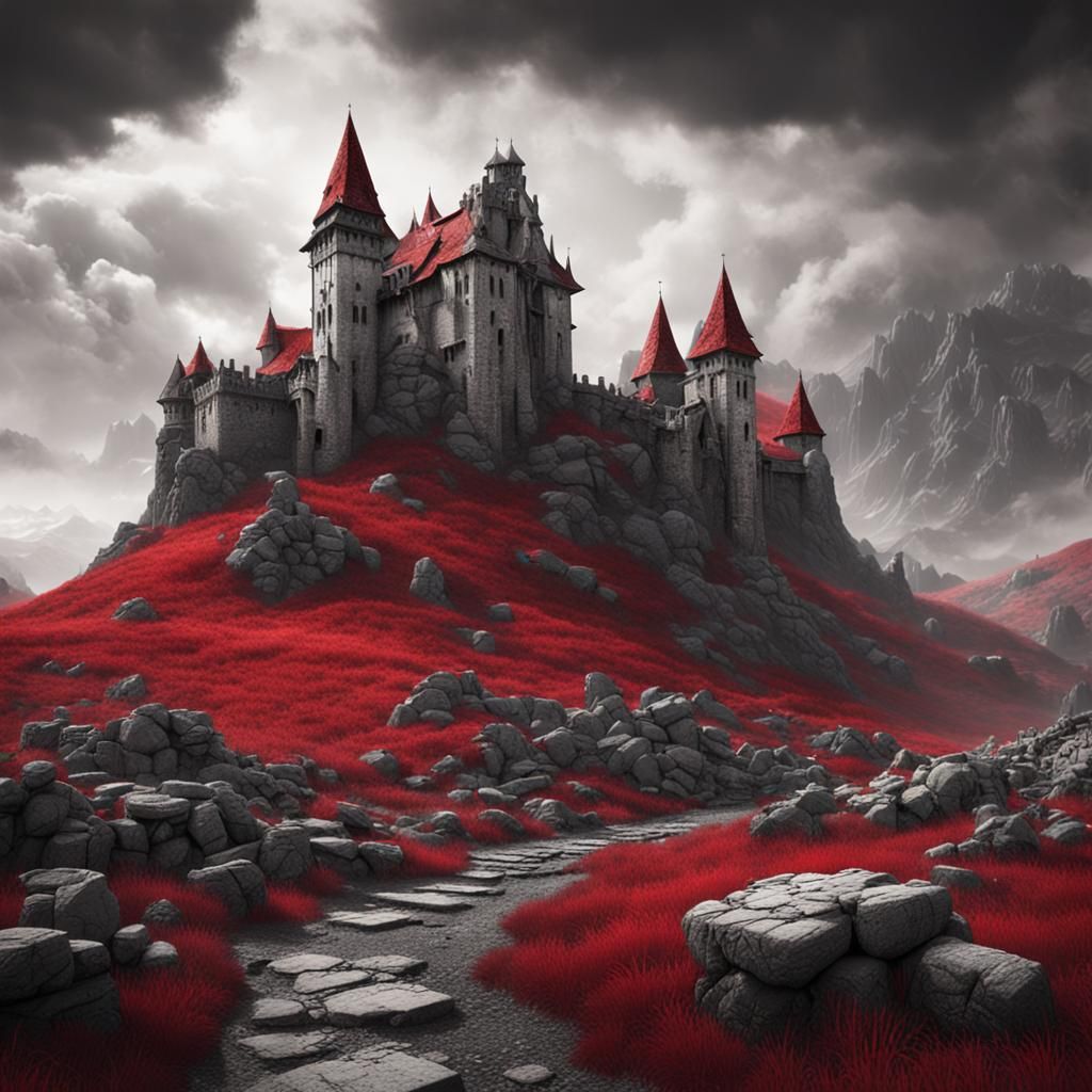 Monochrome Alpine Battlefield with Red Highlights